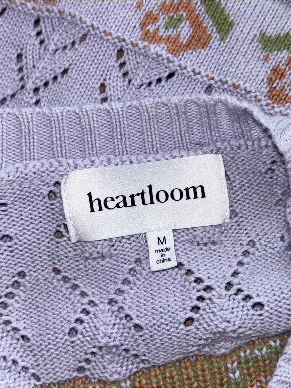 Heartloom Floral Short Sleeve Crochet Knit Sweater Sz M Cottagecore 100% Cotton
